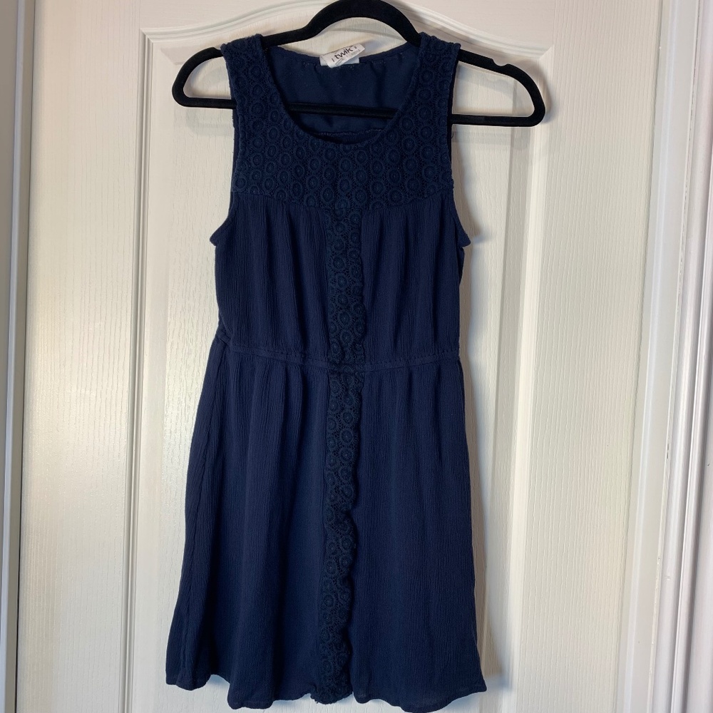 Twik Simons Navy Boho Mini Dress Crochet Lace Sleeveless Summer Dress M - Picture 3 of 12